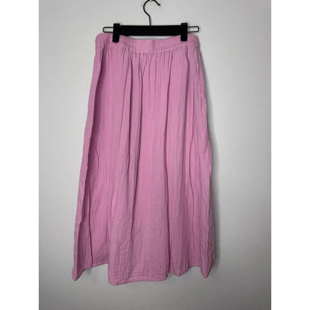 PACT Organic Cotton Midi Skirt Double Gauze Faux Wrap Pink Small Boho Coastal